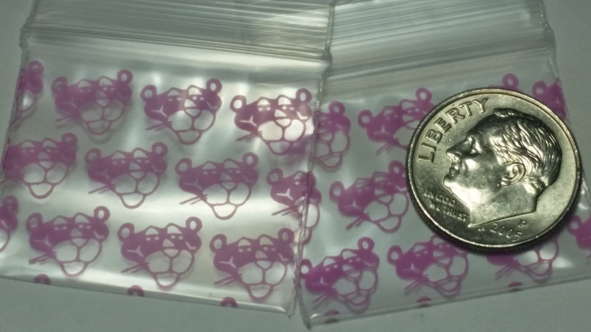 Pink Panther resealable bags from Original Apple Bags, 1.25" x 1", perfect for organizing small items or snacks.