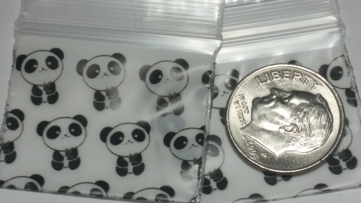 Original Apple Bags resealable bags with panda design, 1.25" x 1" size, ideal for packaging small items or treats.