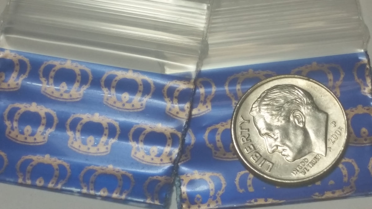 Original Apple Bags resealable bags, 1.25" x 1", with KING CROWN branding, shown in a clear image.