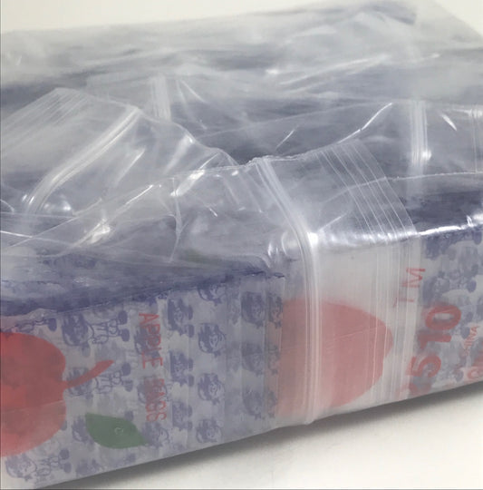 Blue Boy 12510 Original Apple Bags, 1.25" x 1" resealable bags with a playful blue design, ideal for storing small items.