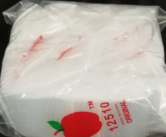 Clear resealable Apple Bags, 1.25" x 1", made by Original Apple Bags, showing transparent plastic bags with resealable closure.