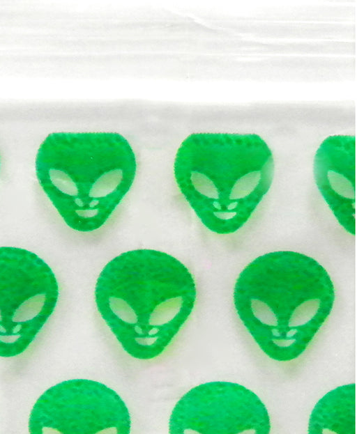 Original Apple Bags green alien resealable bags, 1.25 x 1.25 inches, featuring a playful alien design.