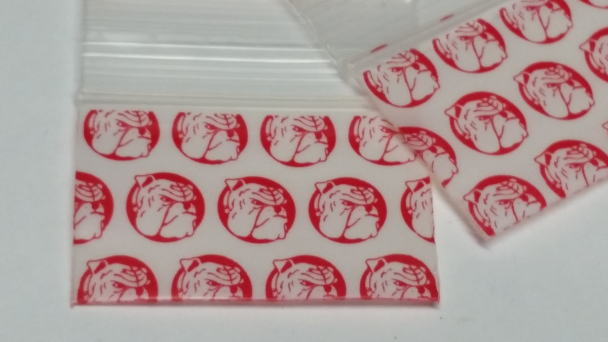 Red Dog Original Apple Bags, resealable bags measuring 1.5" x 1", with a red color and clear design for easy product storage.