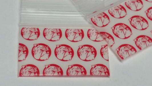 Red Dog Original Apple Bags, resealable bags measuring 1.5" x 1", with a red color and clear design for easy product storage.