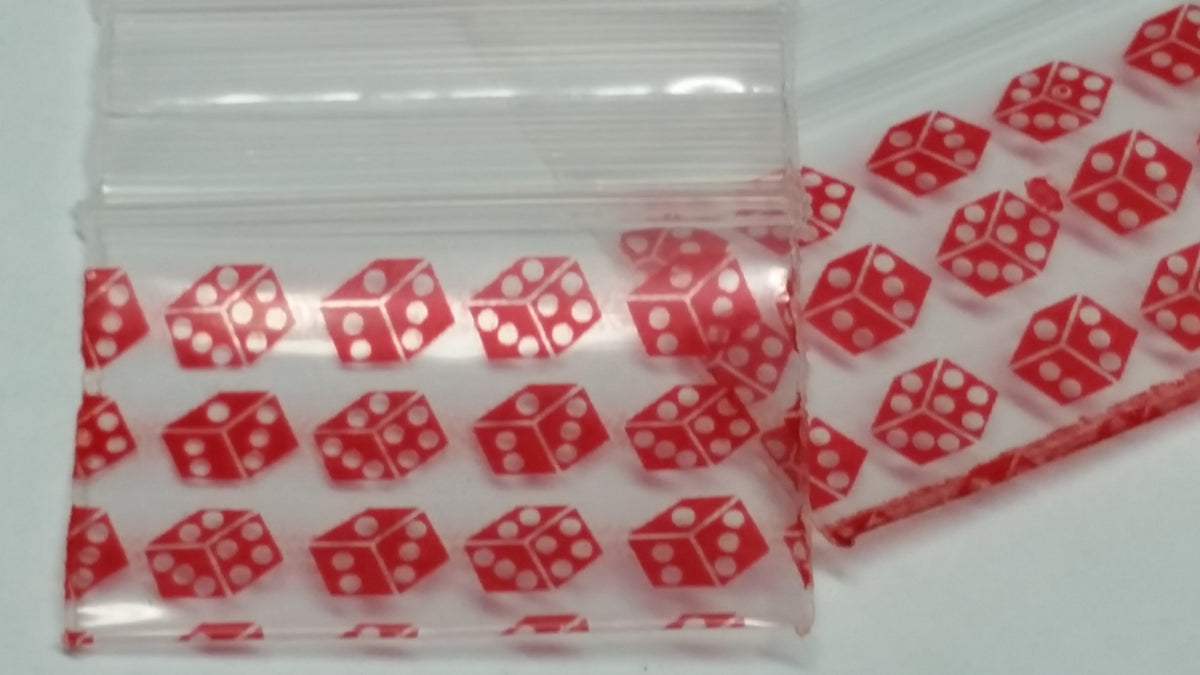 Red dice design resealable Apple Bags, 1.5" x 1", from Original Apple Bags, ideal for packaging small items or gifts.