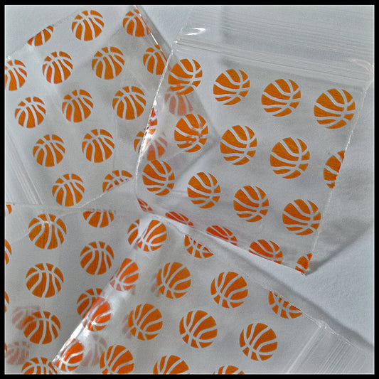 Original Apple Bags resealable bags with basketball design, 1.25 x 1.25 inches, ideal for packaging and storage.
