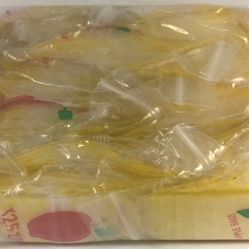 Yellow resealable bags from Original Apple Bags, 1.25 x 1.25 inches, ideal for storing small items.