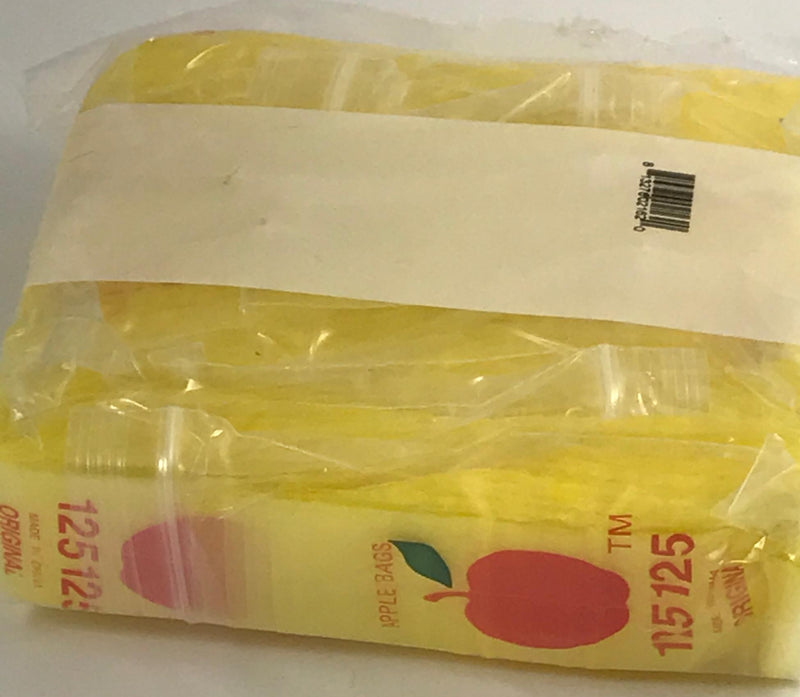 Yellow resealable bags from Original Apple Bags, 1.25 x 1.25 inches, perfect for small storage and organization.