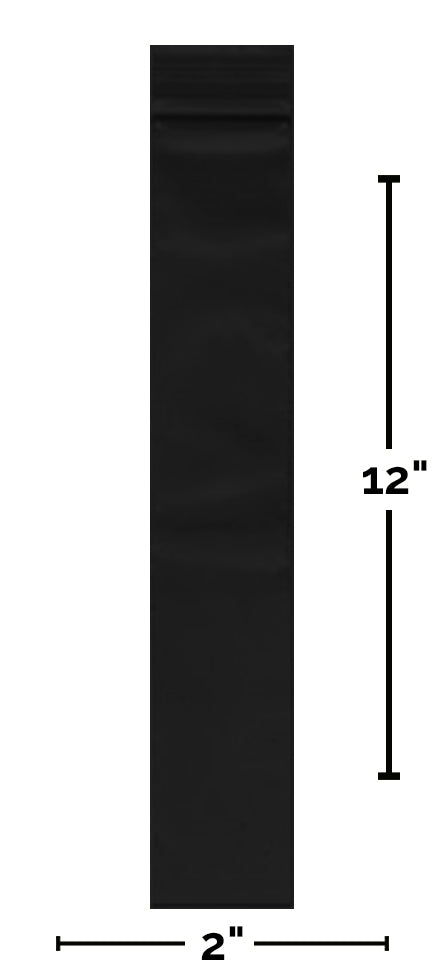Set of 100 reclosable incense bags measuring 2x12 inches from Original Apple Bags, shown in a display with some bags stacked.