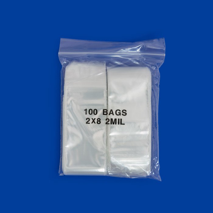 Set of 100 reclosable incense bags measuring 2x8 inches by Original Apple Bags, featuring resealable closures for packaging incense.