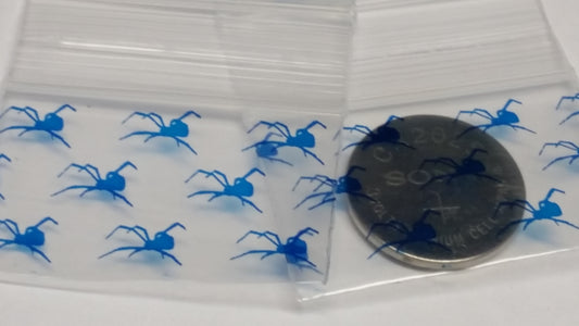 Original Apple Bags resealable spider-shaped bags, 1.5" x 1", ideal for storing small items or collectibles.