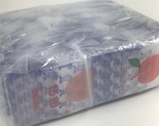 Blue Boy 1510 Original Apple Bags, resealable 1.5" x 1" plastic bags for packaging or storage.