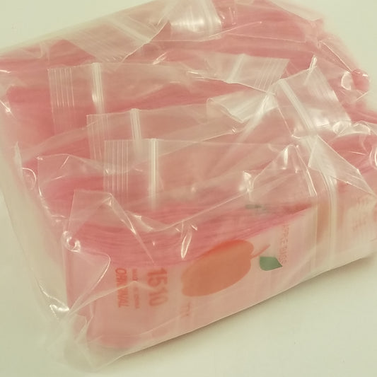Pink 1510 Original Apple Bags resealable bags measuring 1.5" by 1" with a natural, clear view of the packaging.