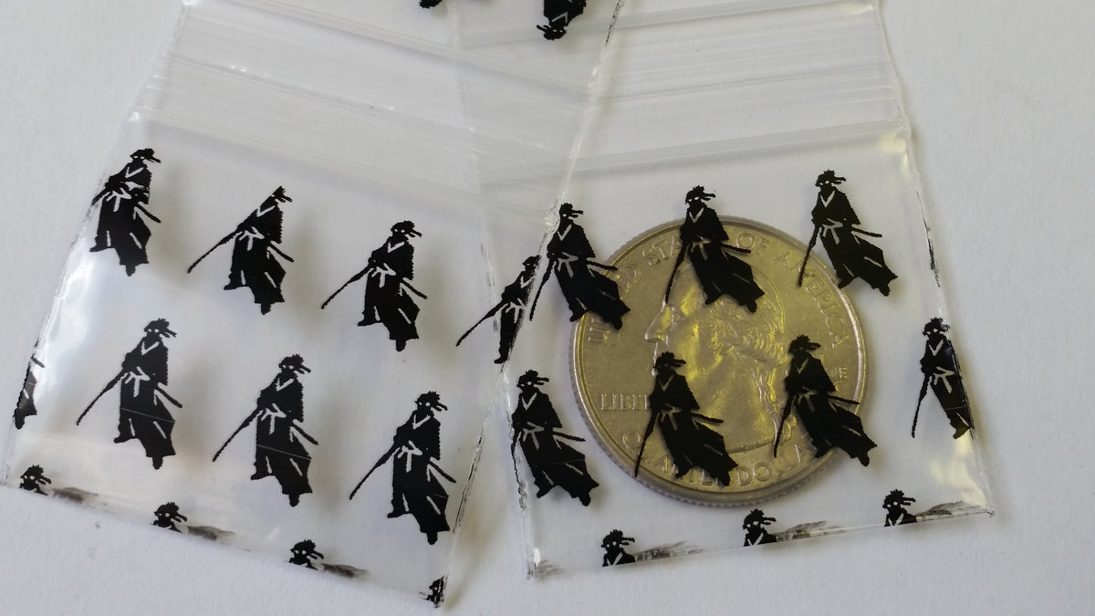 Resealable Original Apple Bags with Samurai design, measuring 1.5 x 1.25 inches, ideal for storing small items.