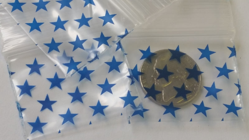Original Apple Bags resealable blue star-themed bags measuring 1.5" x 1.25" with a colorful star design.