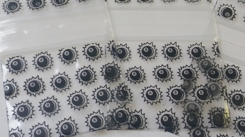 Original Apple Bags resealable bags with Eight Ball design, measuring 1.5" x 1.25", suitable for storing small items.