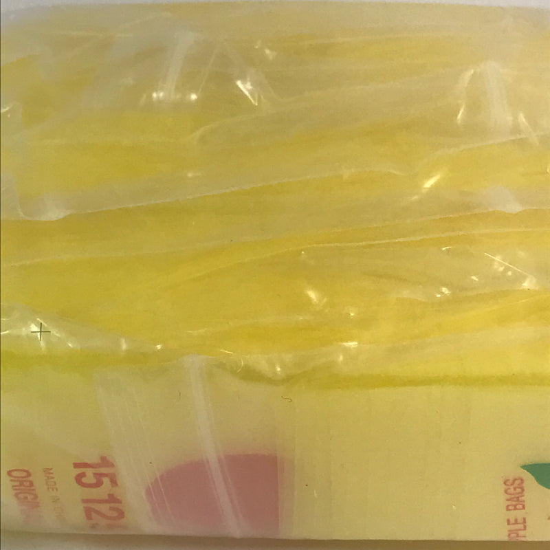 Yellow resealable bags from Original Apple Bags, 1.5" x 1.25" size, ideal for storing small items or snacks.