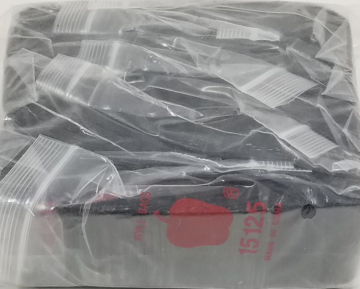 Black resealable bags from Original Apple Bags, 1.5" x 1.25", ideal for storing small items or packaging.