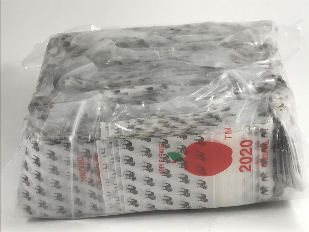 Original Apple Bags 2x2-inch resealable bags in clear plastic, perfect for storage or packaging.
