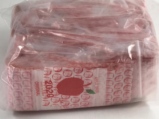 Red 2x2-inch resealable apple-shaped bags by Original Apple Bags, ideal for storage or gift packaging.