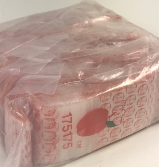 Red dog-themed Original Apple Bags resealable bags, 1.75x1.75 inches, perfect for packaging small items or treats.