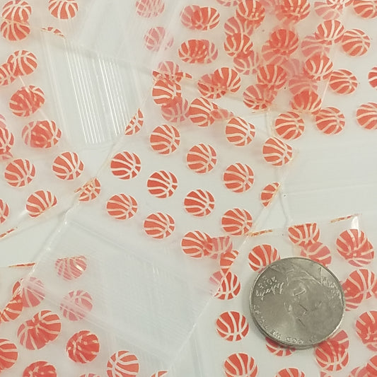 Original Apple Bags resealable 1.5x1.5-inch basketball-themed bags for storage or gifting, featuring colorful basketball design.
