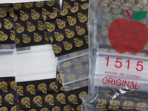 1515 Original Mini Ziplock 2.5mil Plastic Bags 1.5" x 1" Reclosable Baggies (Gold Skull) - The Baggie Store