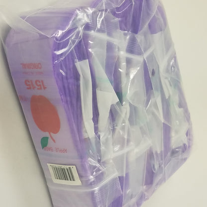 Purple 1.5 x 1.5-inch resealable bags by Original Apple Bags, shown with closed, transparent plastic material.