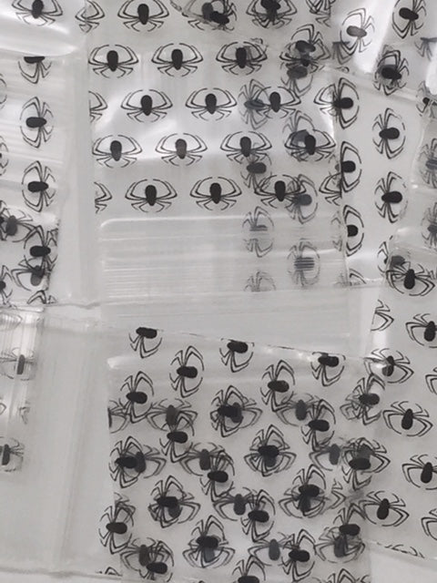 Black Spider resealable bags from Original Apple Bags, 1.5 x 1.75 inches, ideal for storing small items.