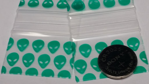 1510 Original Mini Ziplock 2.5mil Plastic Bags 1.5" x 1" Reclosable Baggies (Green Alien) - The Baggie Store