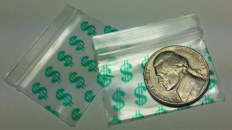 1510 Original Mini Ziplock 2.5mil Plastic Bags 1.5" x 1" Reclosable Baggies (Dollar Sign $) - The Baggie Store