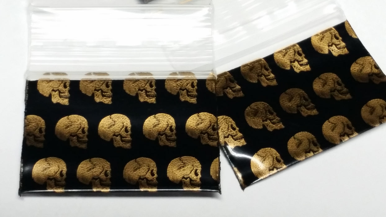 1510 Original Mini Ziplock 2.5mil Plastic Bags 1.5" x 1" Reclosable Baggies (Gold Skull) - The Baggie Store