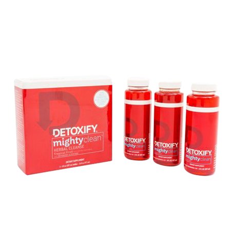 Detoxify Mighty Clean detox supplement bottle with label, showing the product's branding and packaging for cleansing and detoxification.