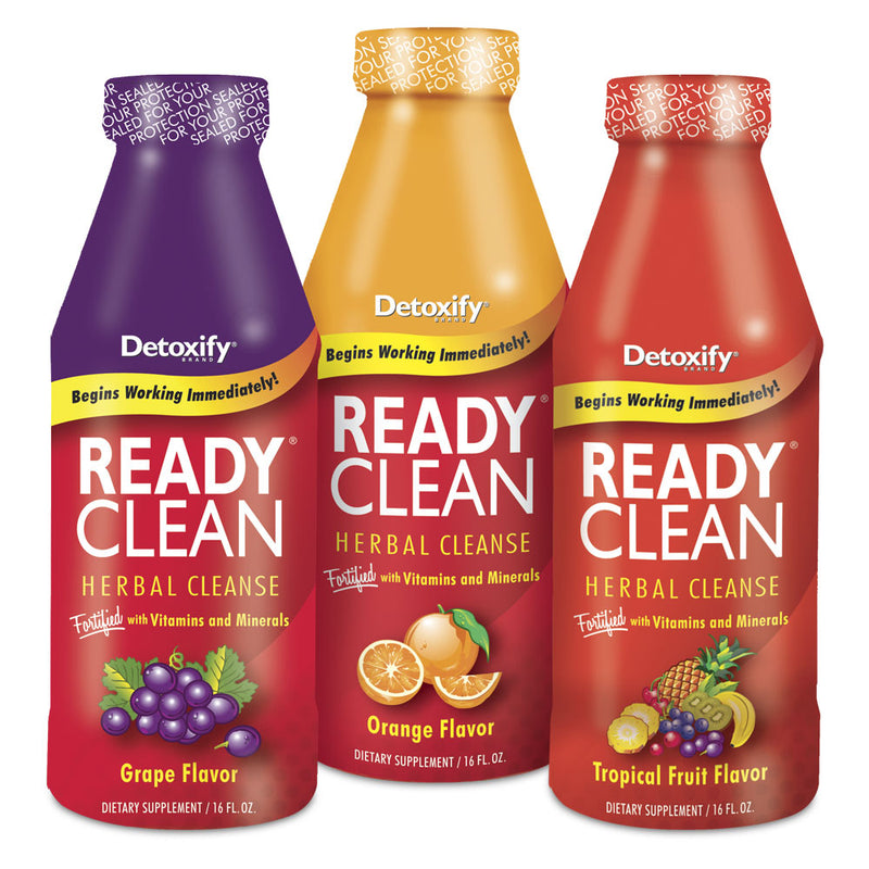 Detoxify Ready Clean detox drink in 16oz bottles with grape, tropical, and orange flavors, featuring colorful fruit illustrations.
