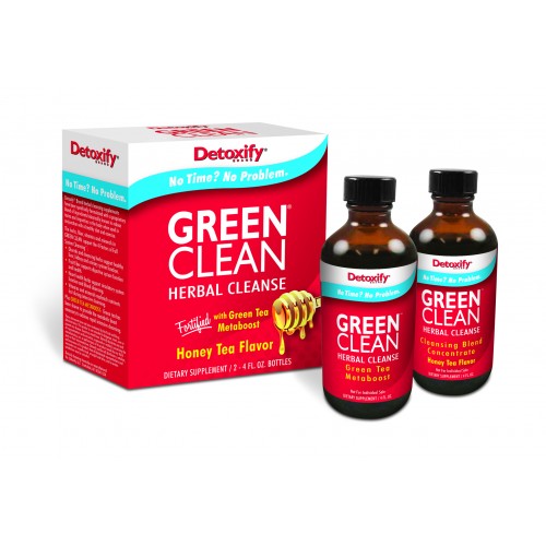 Bottle of Detoxify Green Clean detox supplement with green label and cap, designed for cleansing and detoxification.