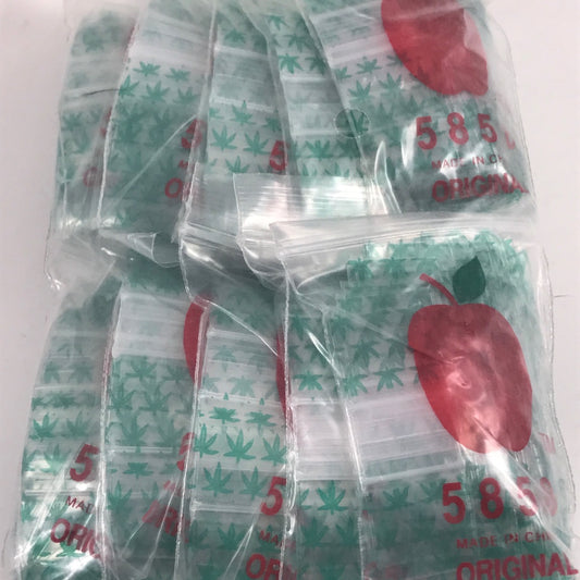 Original Apple Bags resealable bags with leaf design, 5/8 inch by 5/8 inch size, ideal for packaging and storage.