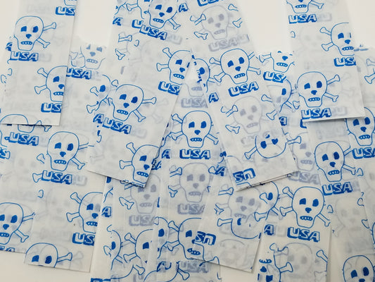 Vellum glassine wax paper envelope bags with skull design, moisture resistant Stamp Collectors brand for stamp storage.