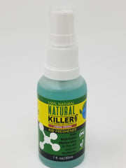 Natural Killers Natural Killer Odor Eliminator Spray with incense air freshener, shown in a spray bottle for freshening indoor air.