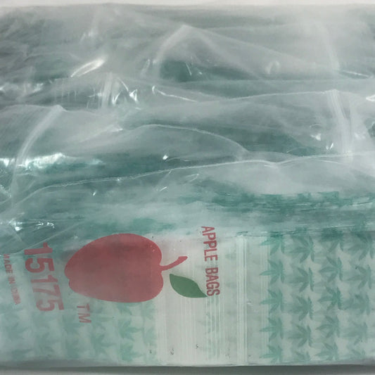 Resealable Original Apple Bags with leaf design, 1.5 x 1.75 inches, perfect for storing small items or snacks.