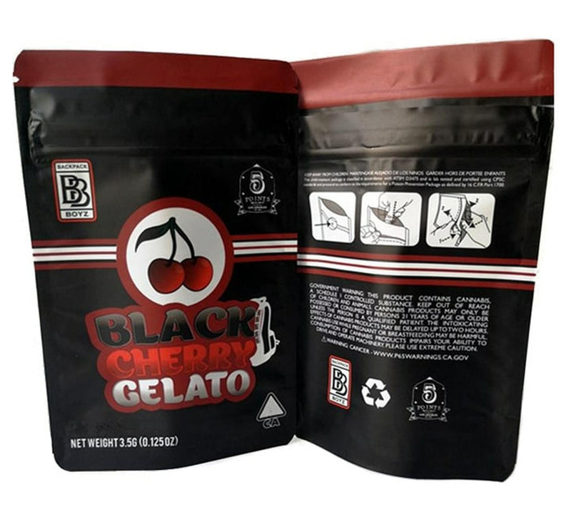 Black Cherry Gelato matte Mylar smell-proof bags, 50-pack, featuring resealable closure and durable design by The Baggie Store.