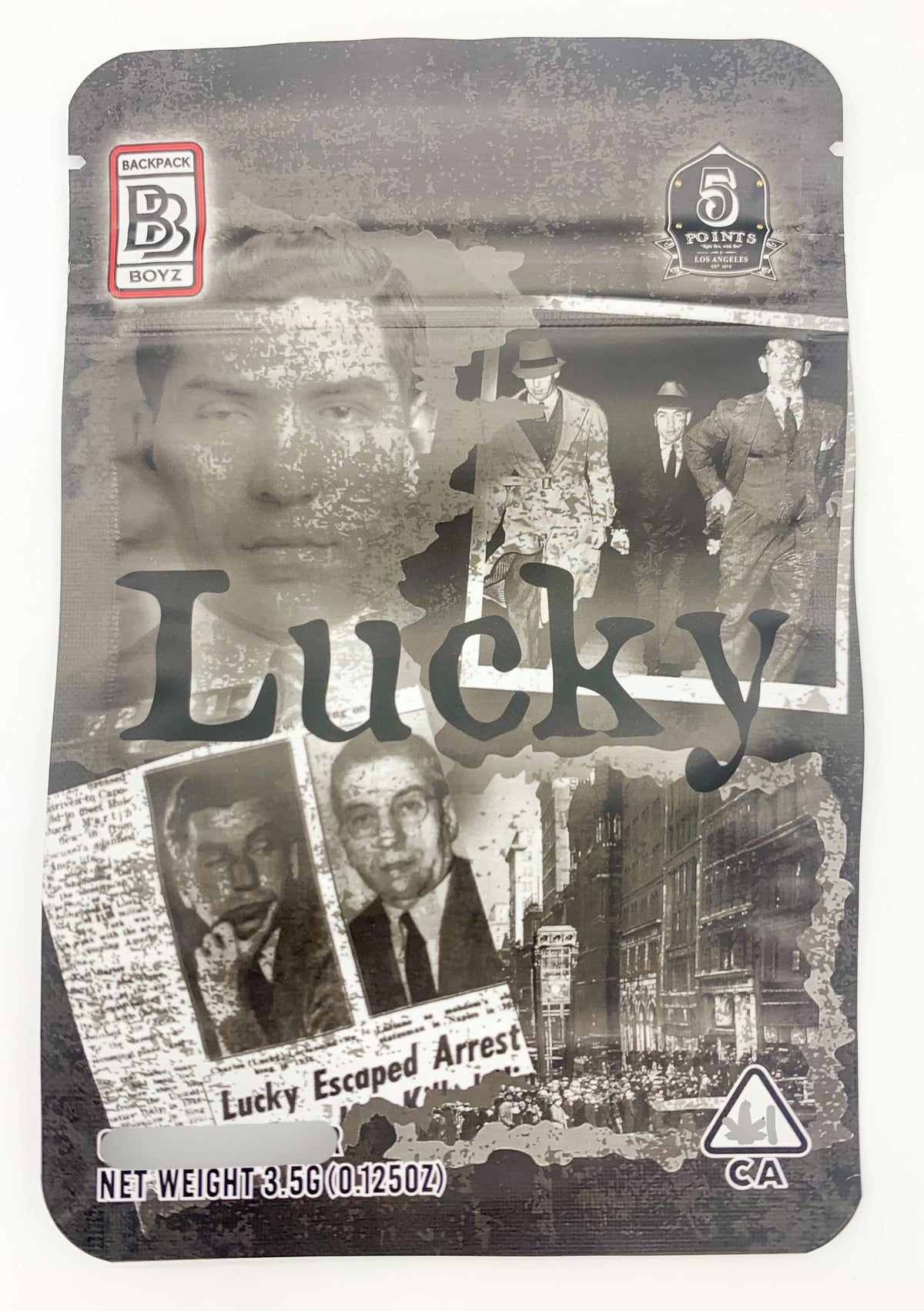 Smell proof Lucky Luciano Mylar bags by The Baggie Store, featuring durable, resealable packaging for discreet storage.