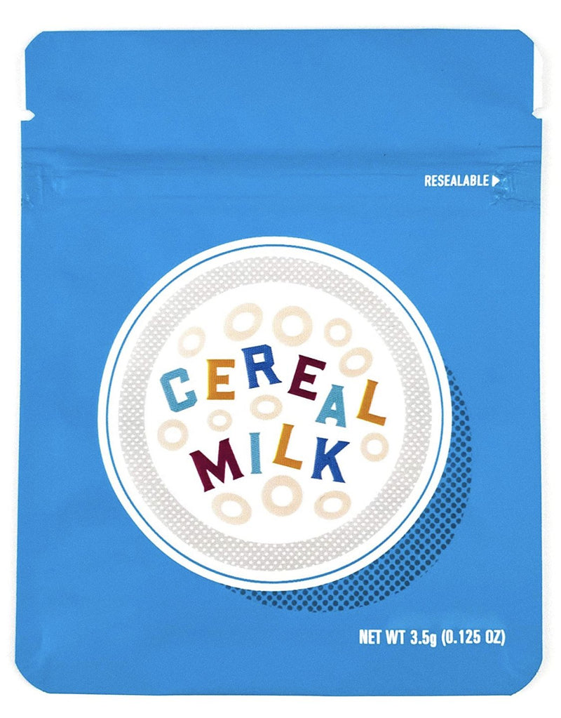 Smell-proof Cereal Milk Mylar bags from The Baggie Store, featuring durable, resealable packaging for secure storage.
