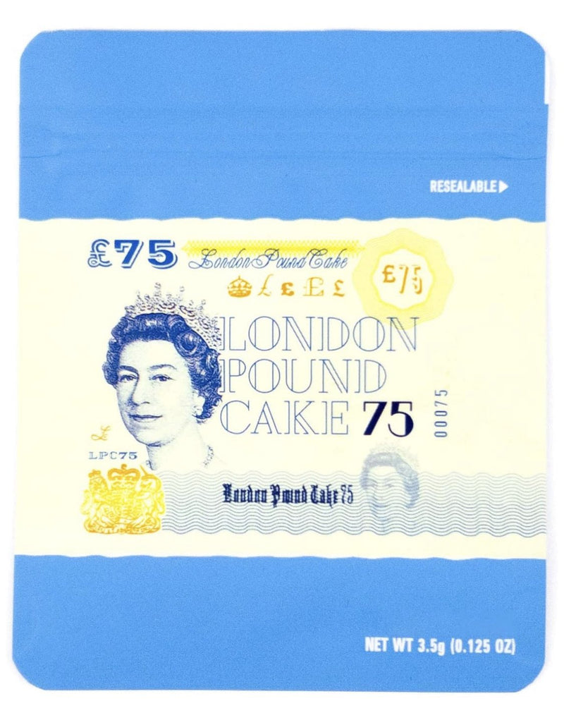 Smell-proof London Pound Cake matte Mylar bags, 50-pack from The Baggie Store, with sleek silver finish and resealable closures.