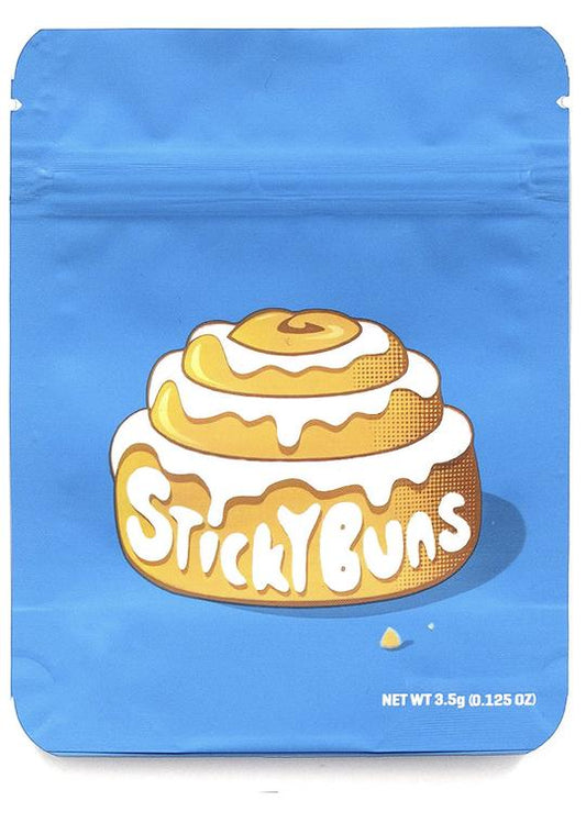 Smell-proof Sticky Buns Mylar Bags from The Baggie Store, featuring durable, sealed packaging for secure storage.