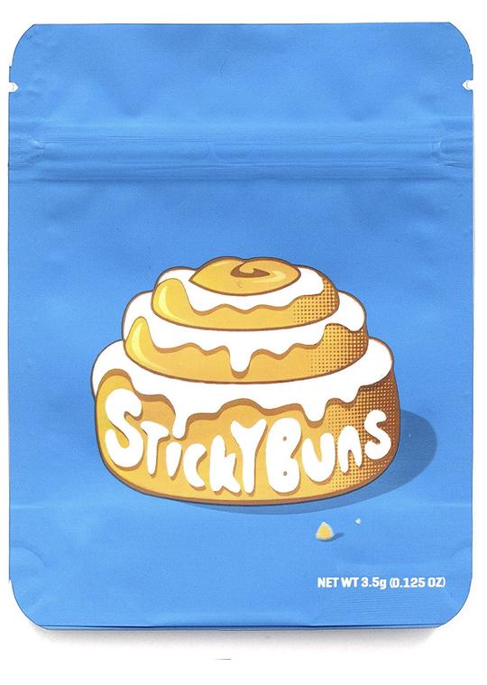 Smell-proof Sticky Buns Mylar Bags from The Baggie Store, featuring durable, sealed packaging for secure storage.