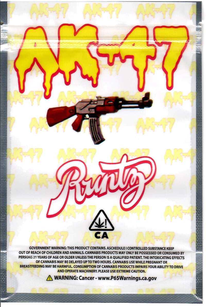Set of 50 smell-proof AK-47 Runtz matte Mylar bags from The Baggie Store, durable, resealable storage for snacks or products.