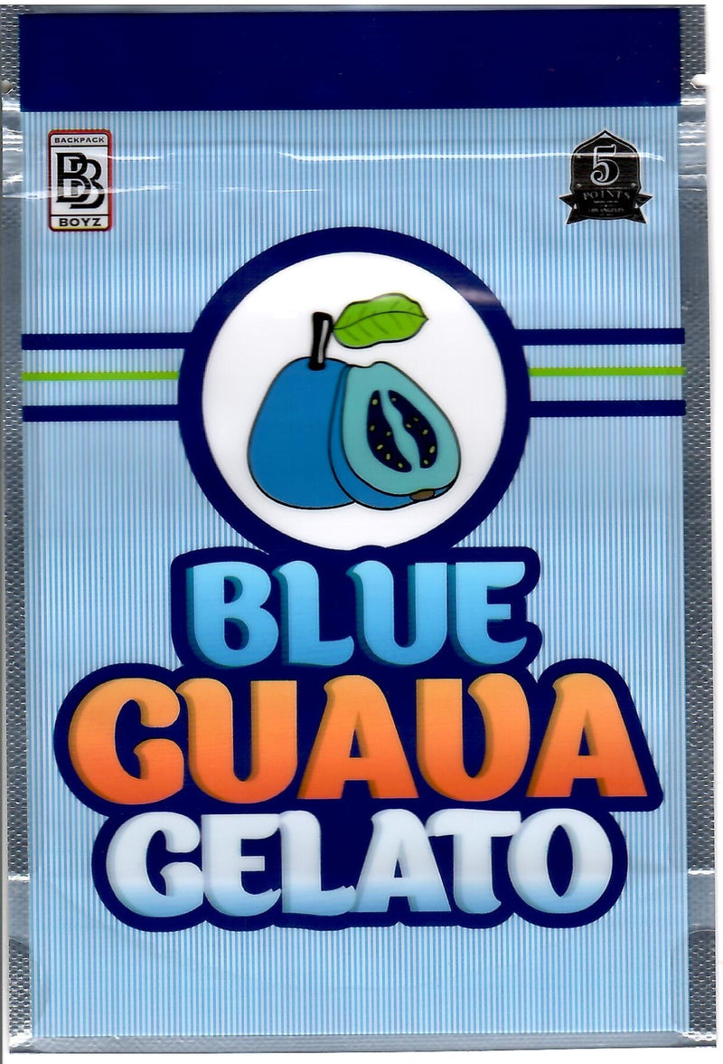Blue Guava Gelato matte Mylar bags, 50-pack, smell proof storage pouches by The Baggie Store, featuring vibrant blue design.
