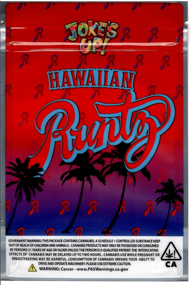 Hawaiian Runtz matte mylar smell-proof bags, 50-pack, with resealable closure and vibrant design for storage and freshness.