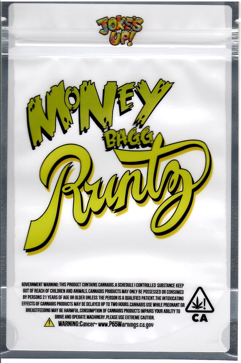 Smell-proof Money Bagg Runtz Mylar Bags with a vibrant Runtz design, sealed for freshness and odor containment.