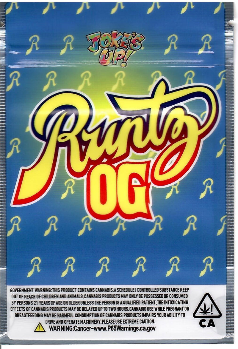 Smell-proof Runtz OG matte mylar bags, 50-pack, with resealable closures and vibrant Runtz OG branding for discreet storage.